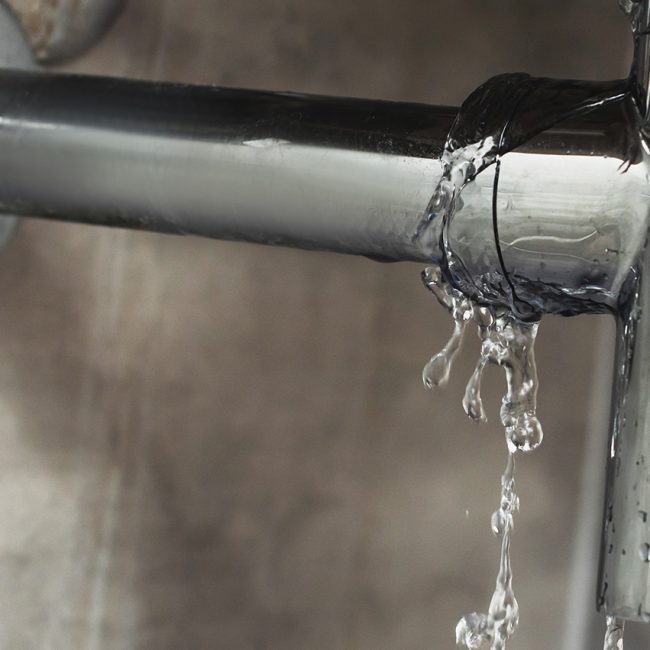 Damaged steel pipe with water drops on grey background